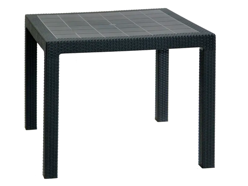 Mesa rectangular de 90x90 cm simil ratán con tablero plástico de altura normal o baja/ratona.