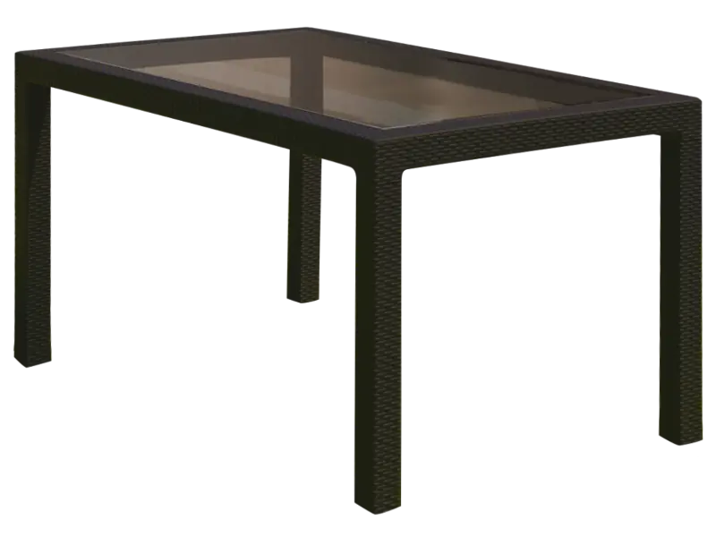 Mesa rectangular de 150x90 cm simil ratán con tablero de vidrio de templado